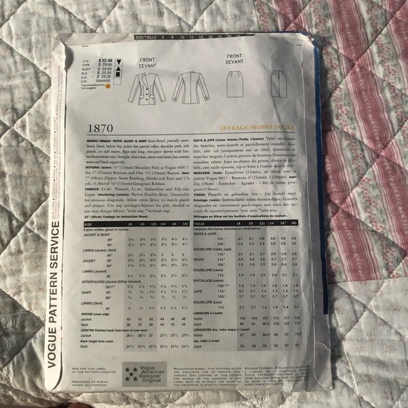 Bill Blass Vogue Pattern 1879-14-16-18. Women's Suit-jacket-skirt -pants - Picture 5 of 7